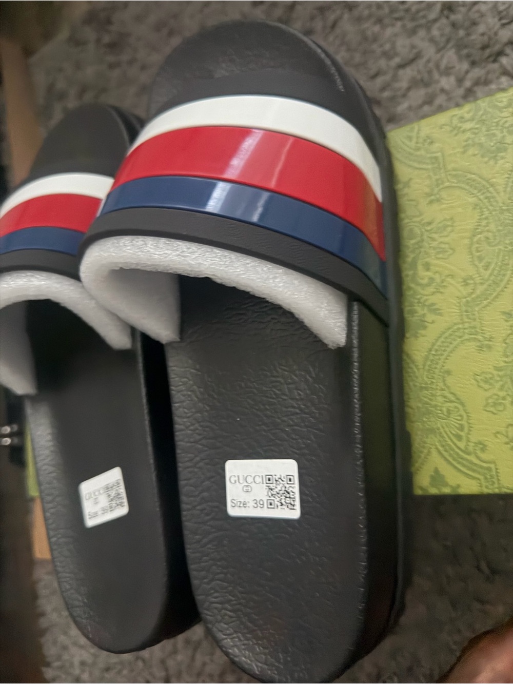 Gucci Black Slides with Red, White and Blue Stripes
